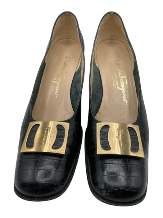 Salvatore Ferragamo Shoe Size 8.5 Black Leather Snake Embossed Round Toe Shoes Black / 8.5