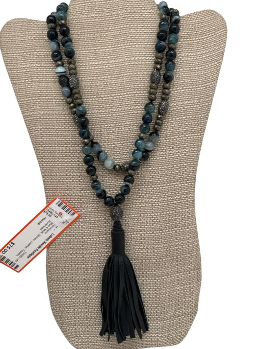 Hipchik Blue & Multi Stones Leather Tassels Necklace Blue & Multi