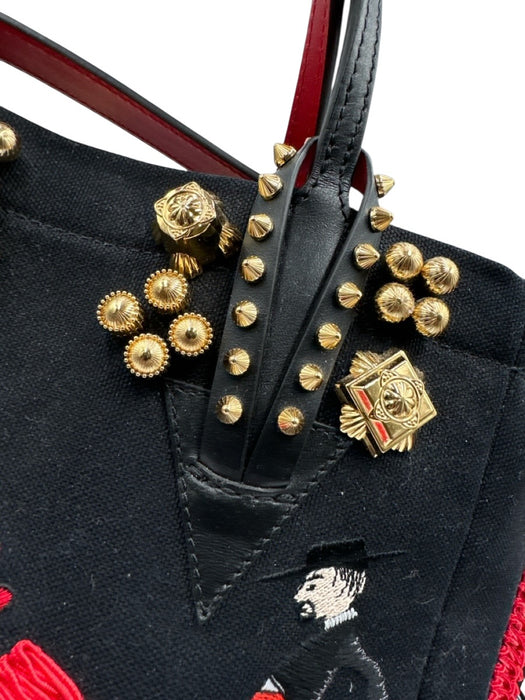 Christian Louboutin Red, Black, Gold Canvas Leather trim Embellished Tote Bag Red, Black, Gold / Small