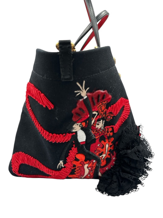 Christian Louboutin Red, Black, Gold Canvas Leather trim Embellished Tote Bag Red, Black, Gold / Small