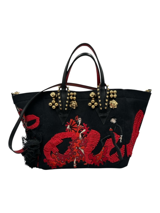 Christian Louboutin Red, Black, Gold Canvas Leather trim Embellished Tote Bag Red, Black, Gold / Small
