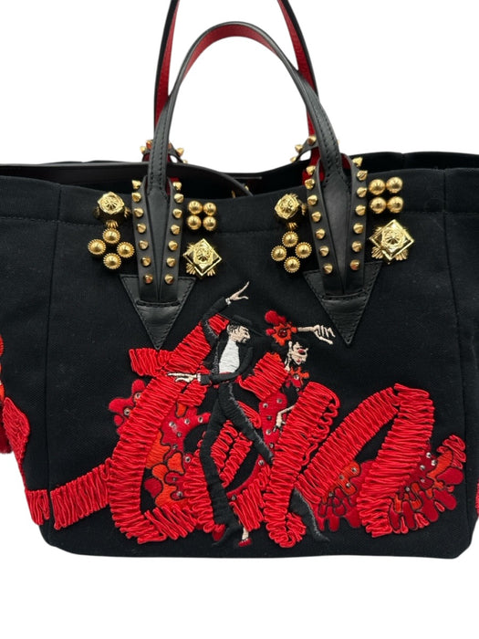 Christian Louboutin Red, Black, Gold Canvas Leather trim Embellished Tote Bag Red, Black, Gold / Small