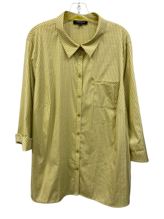 Lafayette 148 Size 3X Chartreuse & White Cotton Blend Long Sleeve Gingham Top Chartreuse & White / 3X