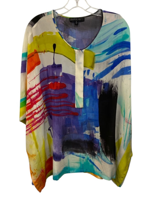 Lafayette 148 Size XL Blue, Yellow, Purple Silk Short Sleeve Abstract Print Top Blue, Yellow, Purple / XL