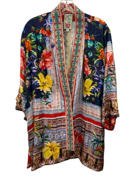 Johnny Was Size XL Red & Multi Silk Long Sleeve Mixed Floral Open Front Cardigan Red & Multi / XL