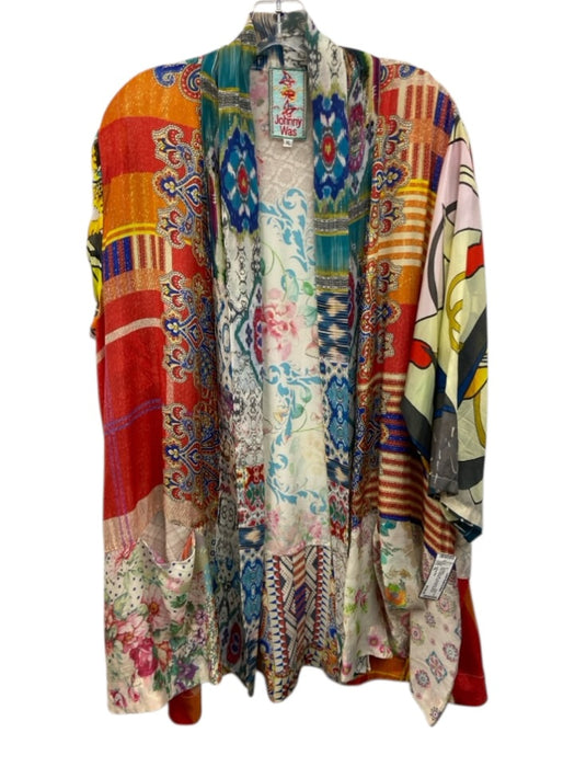 Johnny Was Size XL Red & Multi Silk Long Sleeve Mixed Print Pockets Cardigan Red & Multi / XL