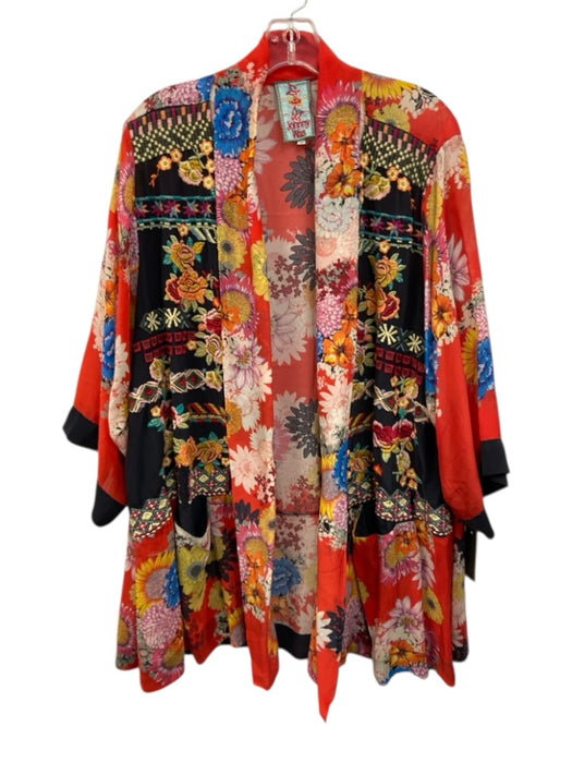 Johnny Was Size XL Red & Multi Silk Long Sleeve Floral Embroidered Cardigan Red & Multi / XL