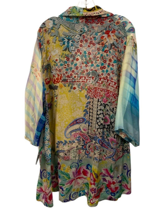 Johnny Was Size XL Blue & Multi Silk Long Sleeve Mixed Print Tie Waist Cardigan Blue & Multi / XL