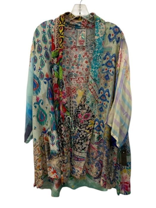 Johnny Was Size XL Blue & Multi Silk Long Sleeve Mixed Print Tie Waist Cardigan Blue & Multi / XL