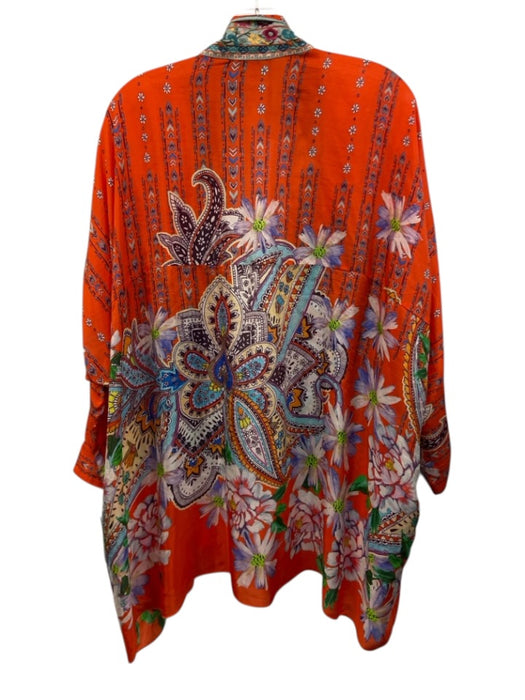 Johnny Was Size 1X Orange & Multi Silk Long Sleeve Floral & Abstract Cardigan Orange & Multi / 1X