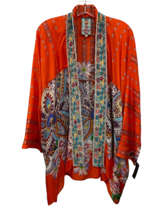 Johnny Was Size 1X Orange & Multi Silk Long Sleeve Floral & Abstract Cardigan Orange & Multi / 1X