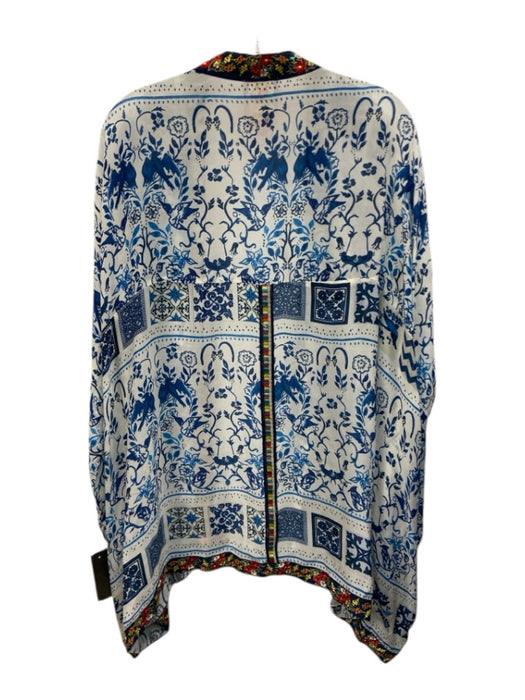 Johnny Was Size 1X Blue & White Silk Long Sleeve Mixed Floral Cardigan Blue & White / 1X