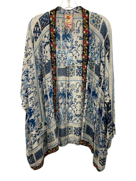 Johnny Was Size 1X Blue & White Silk Long Sleeve Mixed Floral Cardigan Blue & White / 1X