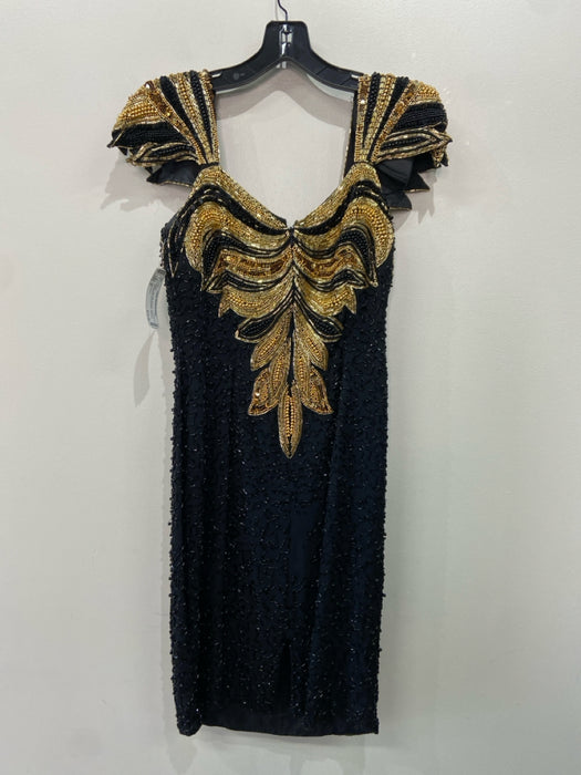 Lillie Rubin Size 8 Black & Gold Silk Sequins Leaf Embellished Dress