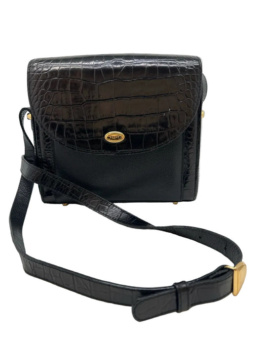 Bally Black Leather Croc Embossed Pebbled Gold Hardware Crossbody Bag