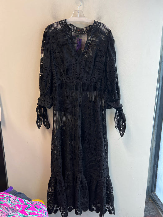 Farm Rio Size S Black Polyester Long Sleeve V Neck Waist tie Ruffle Hem Dress