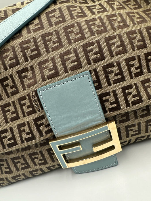 Fendi Brown & Blue Textile Magnetic Closure Monogram Vintage Bag