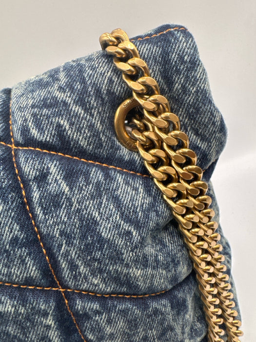 Saint Laurent Blue & Brown Textile Quilted Gold Logo Magnetic Flap Bag