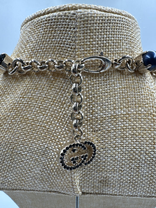 Gucci Navy Blue Faux Pearl Jeweled Light Gold Hardware Bib Choker Necklace