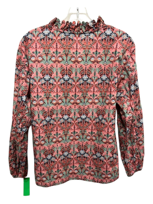 J Crew Size Small Pink, Green, Blue Cotton Long Sleeve Floral Tie Neck Top Pink, Green, Blue / Small