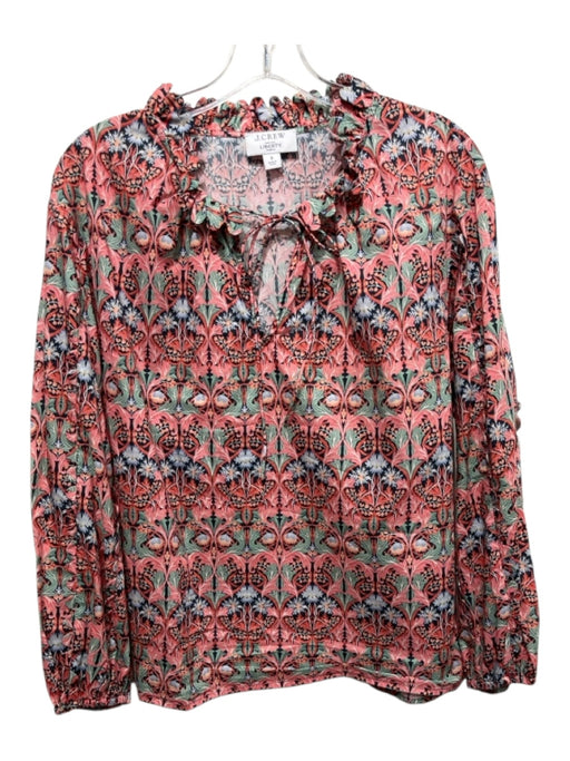 J Crew Size Small Pink, Green, Blue Cotton Long Sleeve Floral Tie Neck Top Pink, Green, Blue / Small