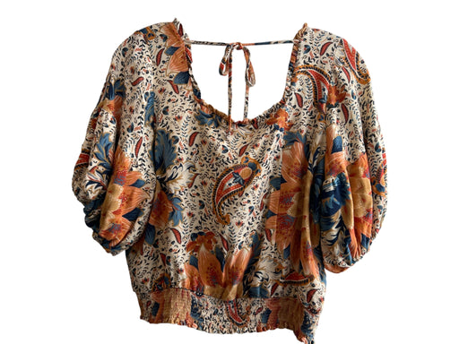 Farm Rio Size Small Beige, Orange & Blue Viscose Floral Scoop Neck Cropped Top Beige, Orange & Blue / Small