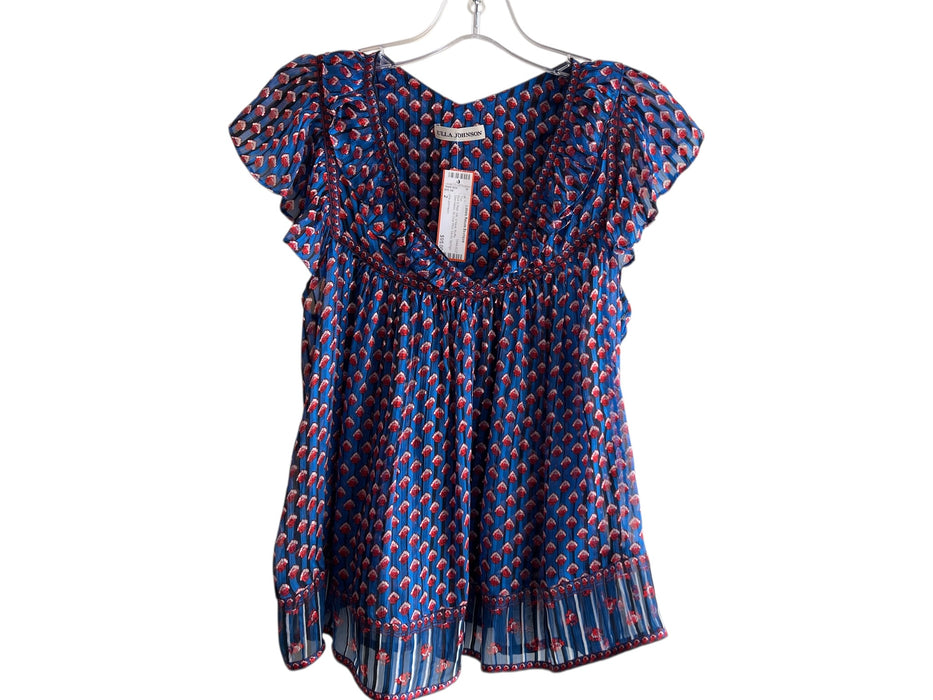 Ulla Johnson Size 2 Blue & Red Silk V Neck Ruffle Sleeveless All Over Print Top Blue & Red / 2