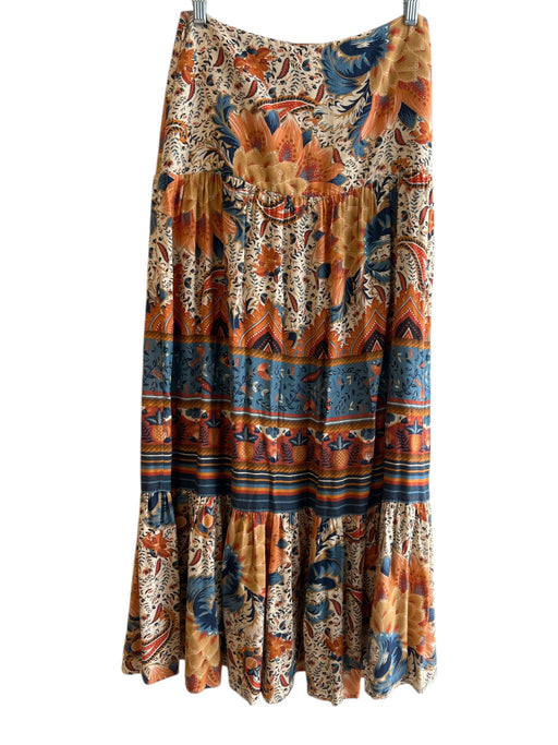 Farm Rio Size Small Orange & Blue Viscose Side Zip Floral Tiered Maxi Skirt Orange & Blue / Small