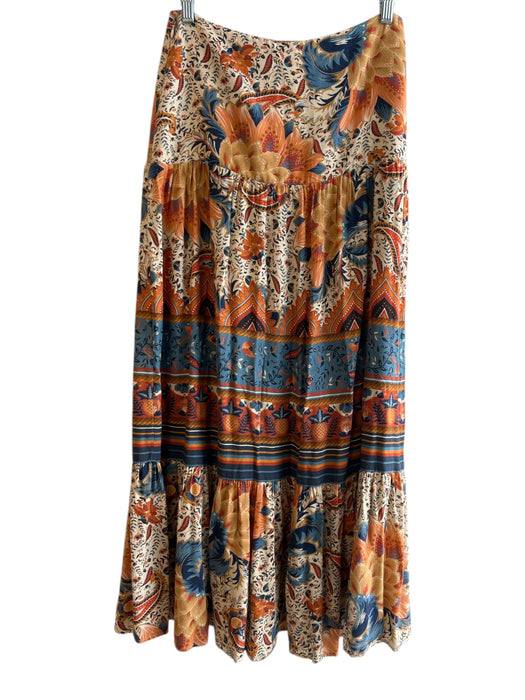 Farm Rio Size Small Orange & Blue Viscose Side Zip Floral Tiered Maxi Skirt Orange & Blue / Small