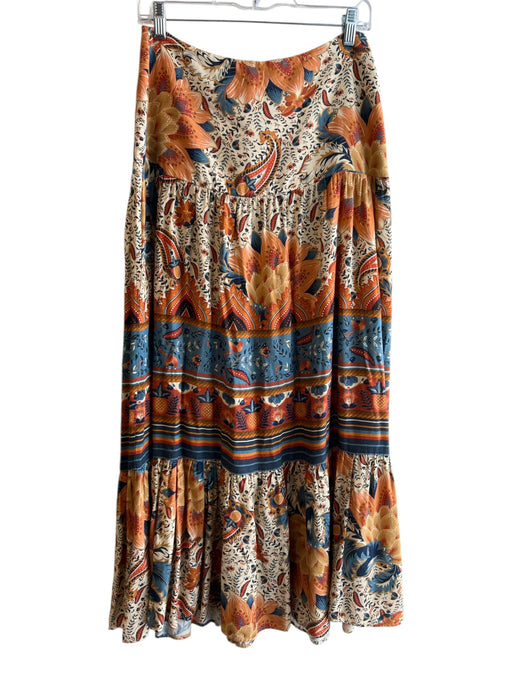Farm Rio Size Small Orange & Blue Viscose Side Zip Floral Tiered Maxi Skirt Orange & Blue / Small