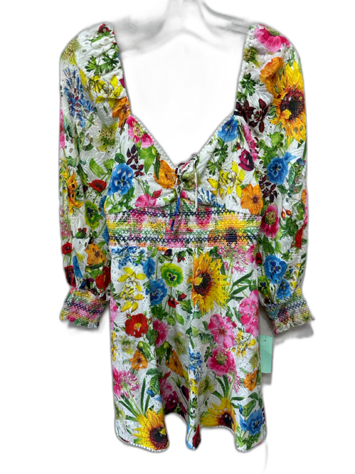 Alice + Olivia Size S / 6 White & Multi Cotton Blend Long puff sleeve Dress White & Multi / S / 6