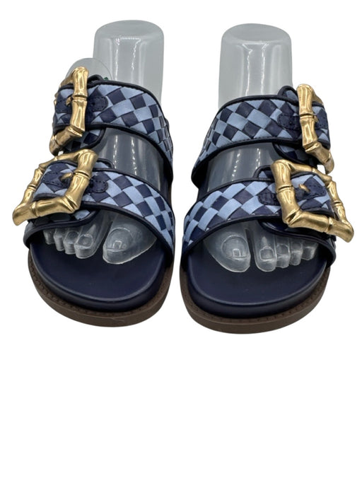 Schutz Shoe Size 6.5 Blue, brown & gold Leather Woven Checked Slides Sandals Blue, brown & gold / 6.5