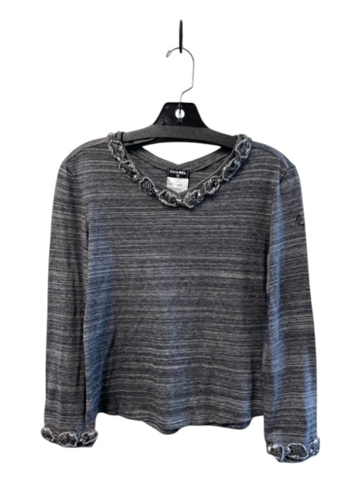 Chanel Size 38 Gray Cotton Long Sleeve V Neck Heathered Applique Design Top Gray / 38