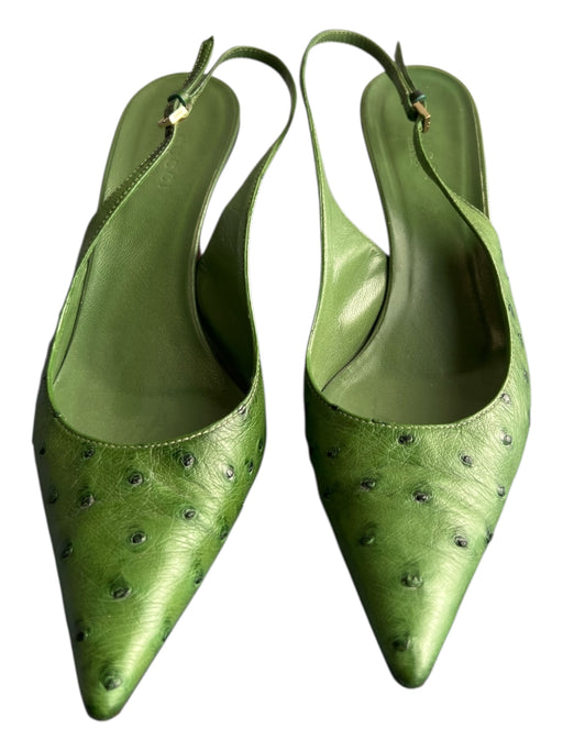 Gucci Shoe Size 7B Green Ostrich Pointed Toe Slingback silver hardware Shoes Green / 7B