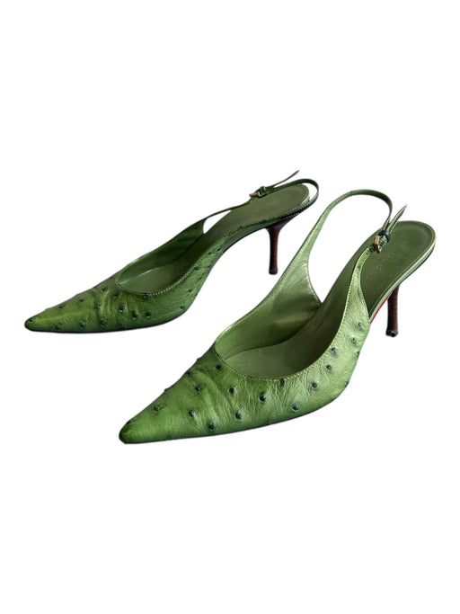 Gucci Shoe Size 7B Green Ostrich Pointed Toe Slingback silver hardware Shoes Green / 7B