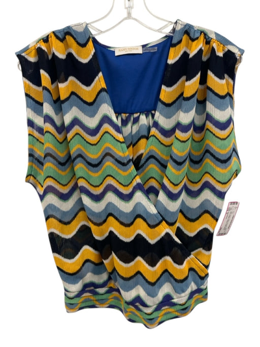 Ramy Brook Size S Blue, Green, Yellow Polyester Mesh Wavy Stripes Surplice Top Blue, Green, Yellow / S