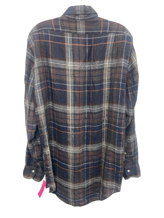 Sid Mashburn Size M Navy & Brown Linen Blend Plaid Button Up Long Sleeve Shirt Navy & Brown / M