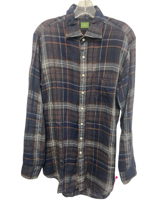 Sid Mashburn Size M Navy & Brown Linen Blend Plaid Button Up Long Sleeve Shirt Navy & Brown / M