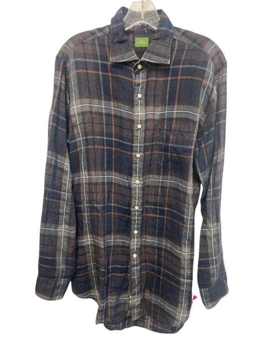 Sid Mashburn Size M Navy & Brown Linen Blend Plaid Button Up Long Sleeve Shirt Navy & Brown / M