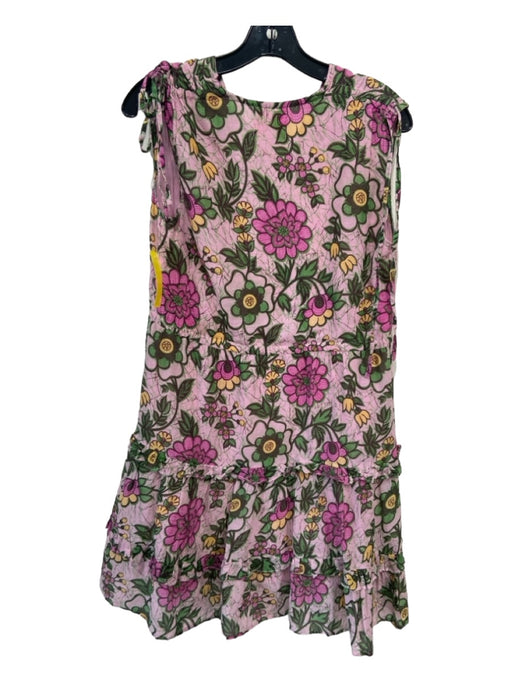 Banjanan Size XS Pink & Green Cotton Floral Tiered Drawstring Sleeveless Dress Pink & Green / XS