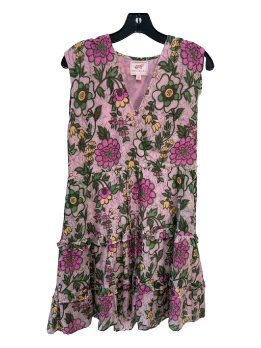 Banjanan Size XS Pink & Green Cotton Floral Tiered Drawstring Sleeveless Dress Pink & Green / XS