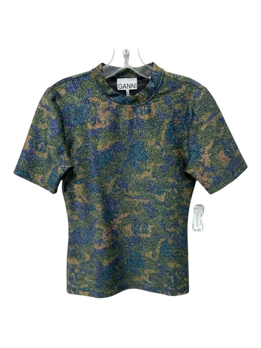 Ganni Size 36 Green, Purple, Yellow Polyester Blend Short Sleeve Camo Top Green, Purple, Yellow / 36