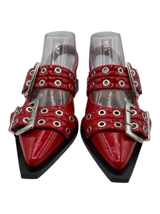Ganni Shoe Size 37 Red & Black Patent Leather Buckle Pointed Toe Grommets Mules Red & Black / 37