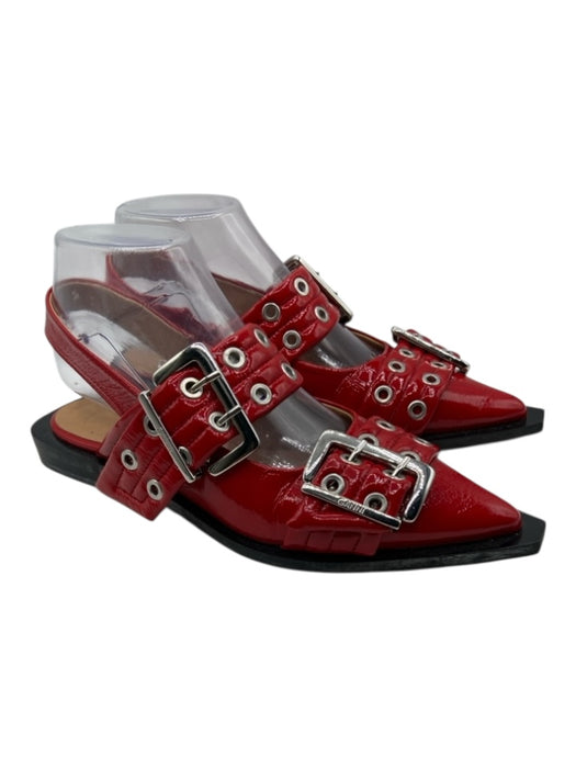Ganni Shoe Size 37 Red & Black Patent Leather Buckle Pointed Toe Grommets Mules Red & Black / 37