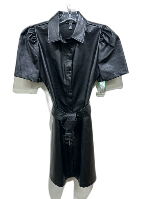 Aqua Size Small Black Faux Leather Short Puff Sleeve Button Up & Collar Dress Black / Small