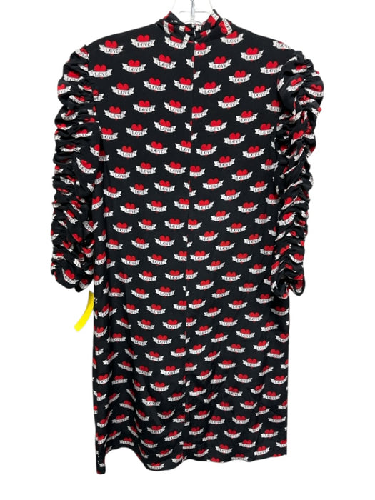 Sandro Size 2 Black, Red, White Silk Long Ruched Sleeve Hearts Tie Neck Dress Black, Red, White / 2
