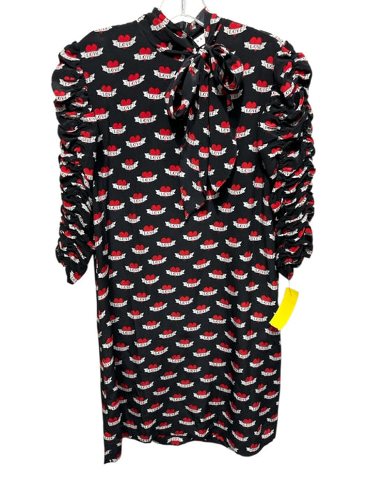 Sandro Size 2 Black, Red, White Silk Long Ruched Sleeve Hearts Tie Neck Dress Black, Red, White / 2