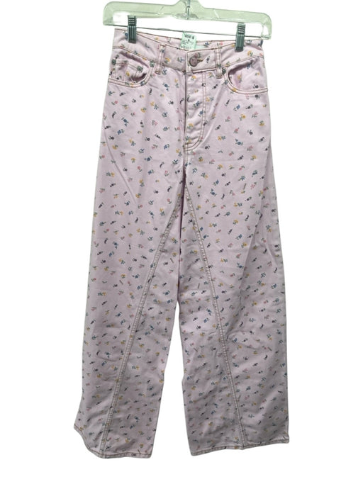 Ganni Size 24 Pink & Multi Cotton Floral Button Fly Wide Leg Jeans Pink & Multi / 24