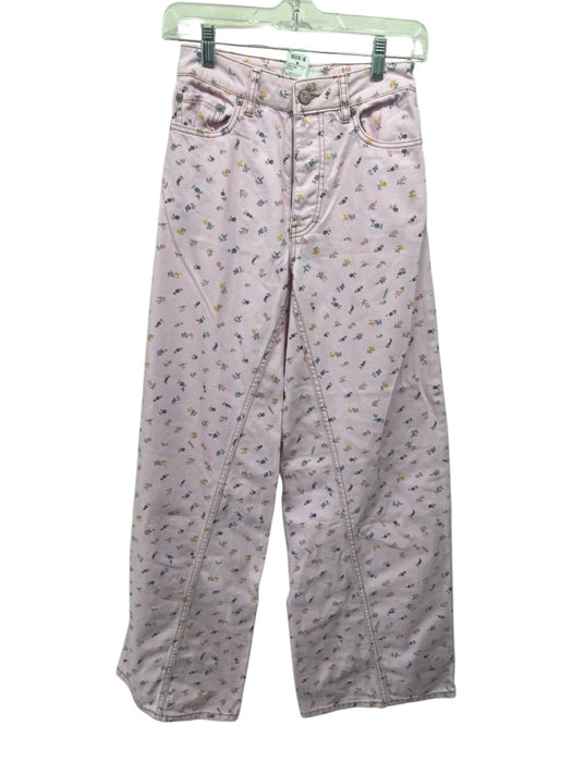 Ganni Size 24 Pink & Multi Cotton Floral Button Fly Wide Leg Jeans Pink & Multi / 24