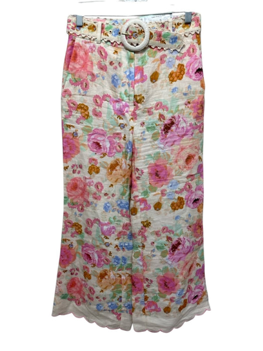 Zimmermann Size 0 Cream, Pink & Multi Linen Zip & Hook Closure Belted Pants Cream, Pink & Multi / 0